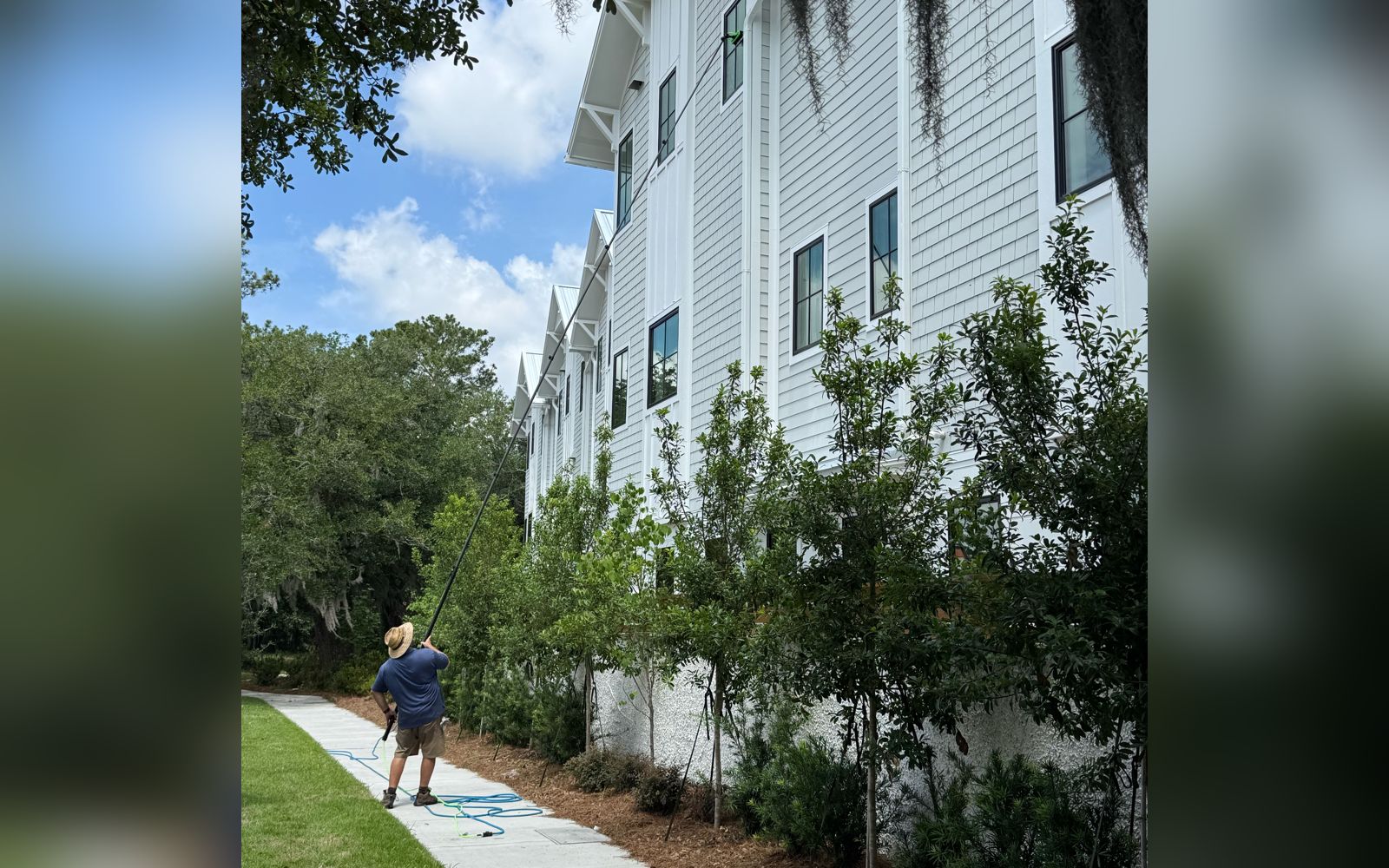 Tall white townhomes behind fresh landscaping with a newly cleaned concrete walkway.